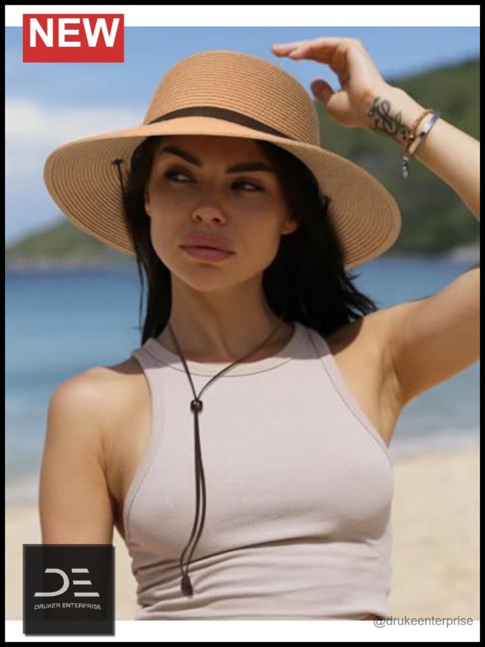 Wide Brim Straw Sun Hat with Adjustable Chin Strap - Picture 5 of 6